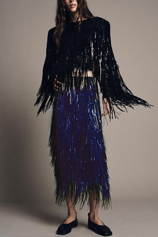 Party Crasher Layered Sequined Tassels High Rise Back Zipper Midi Skirt