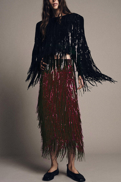 Party Crasher Layered Sequined Tassels High Rise Back Zipper Midi Skirt